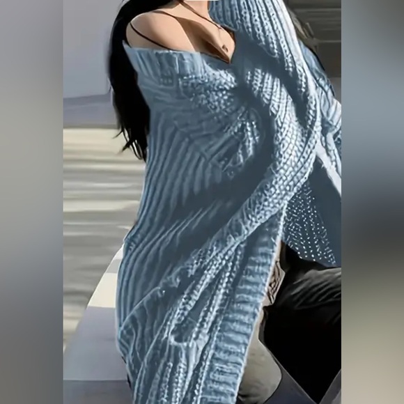 CABLE KNIT OPEN FRONT RELAXED FIT CARDIGAN WITH  POCKETS BLUE NWT - Picture 2 of 4